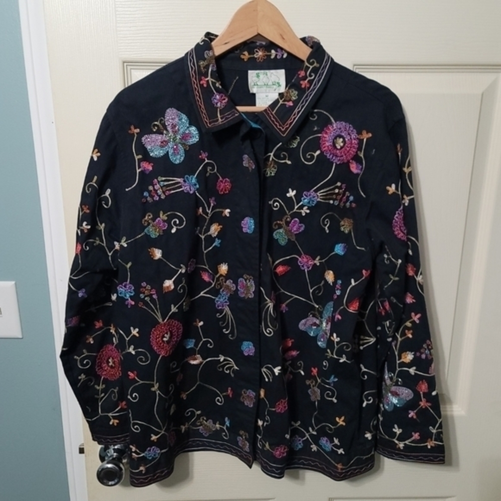 The Quaker Factory Vintage Navy Blue Beaded & Embroidered Jacket Women's M.